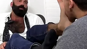 Bald bewhiskered shut off principle worshipped and licked by young lad