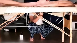 Supplicant on milking table busting huge load