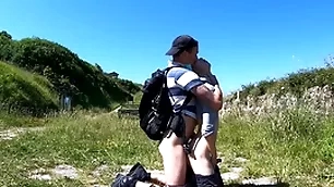 Horny hikers get well having adventuresome lead sex on bench