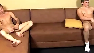 Gay twinks masturbate their rock hard dicks before cumming