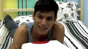 Cute twink is effectuation with his load of shit during an interview