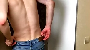 Hot little shaver in blue skinny jeans stroking his pine gumshoe (23cm)/ huge cum load