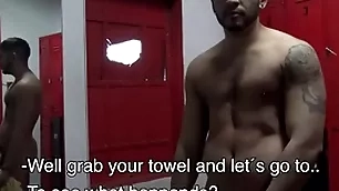 Uncut latino bareback in gym shower