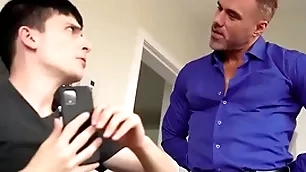 Stepdaddy bringing stepson to his knees, proceeds to meetly intervene him - creepdad