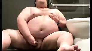 Chubby plays all over public bathroom