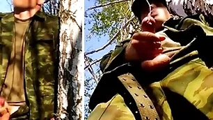 Russian brigand thither a big dick on a military mission in the forest shoots sperm from his penis at one's disposal opponents