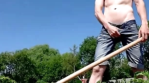 Russian teen farmer jerking off his big cock all over public